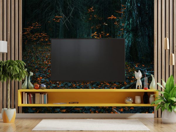 Orange Leaves in Dark Forest Wallpaper Mural A10293500 behind TV