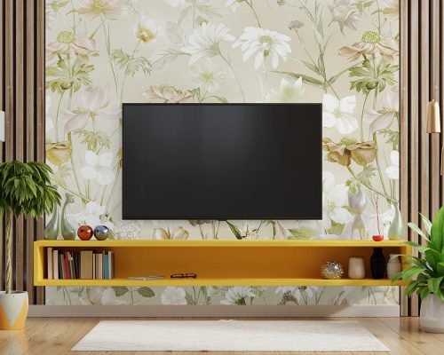 Flowers in Gray Background Wallpaper Mural A10294100 behind TV