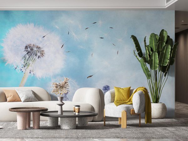 White Dandelions in Blue Sky Background Wallpaper Mural A10294400 for living room