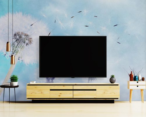 White Dandelions in Blue Sky Background Wallpaper Mural A10294400 behind TV