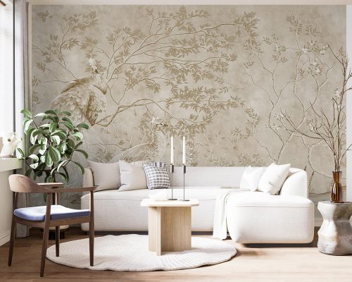Birds and Tree in Cream Wallpaper Mural A10294800 for living room