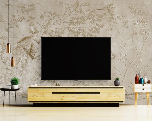Birds and Tree in Cream Wallpaper Mural A10294800 behind tv