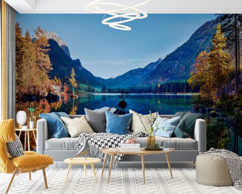 Mountains and Yellow Autumn Trees Reflected on Blue Lake Wallpaper Mural A10295300 for living room