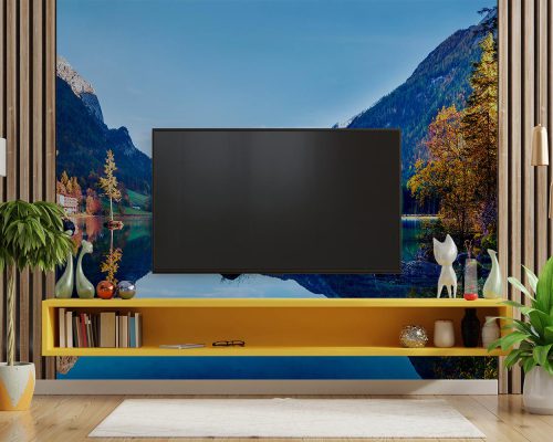 Mountains and Yellow Autumn Trees Reflected on Blue Lake Wallpaper Mural A10295300 behind TV