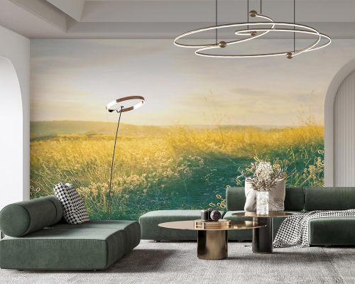Green Field and Meadow Under Yellow Sunlight Wallpaper Mural A10296800 for living room