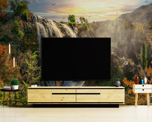 Waterfall and Autumn Nature Wallpaper Mural A10298000 behind TV