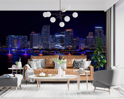 Miami Downtown Skyline at Night in Black and Blue Wallpaper Mural A10298200 for living room