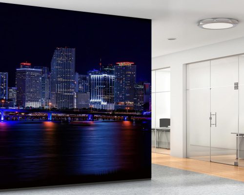 Miami Downtown Skyline at Night in Black and Blue Wallpaper Mural A10298200 for office