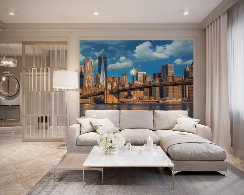 Cream Brooklyn Bridge and New York City Under Blue Sky Wallpaper Mural A10298500 for living room