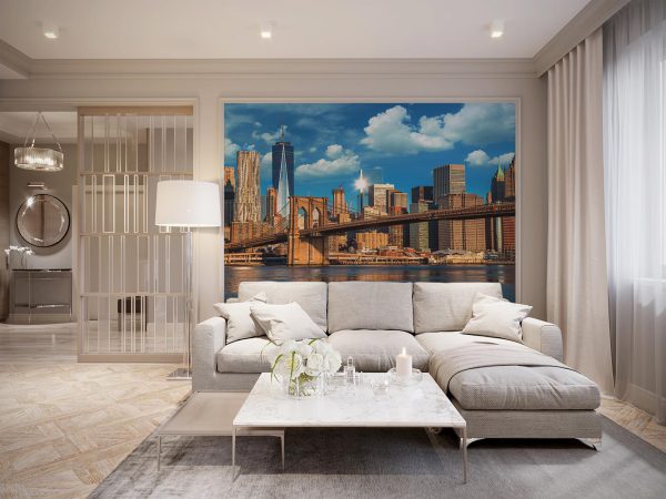 Cream Brooklyn Bridge and New York City Under Blue Sky Wallpaper Mural A10298500 for living room