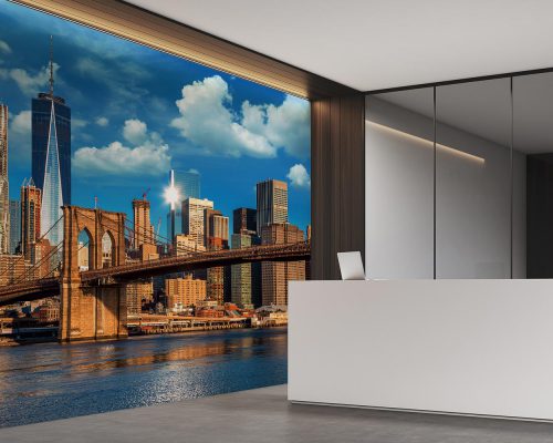 Cream Brooklyn Bridge and New York City Under Blue Sky Wallpaper Mural A10298500 for office