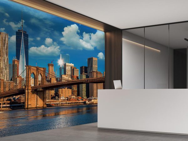 Cream Brooklyn Bridge and New York City Under Blue Sky Wallpaper Mural A10298500 for office
