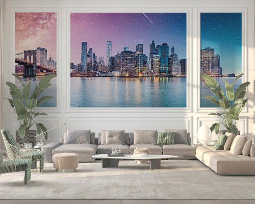 Blue Brooklyn Bridge and New York City Under Blue and Purple Night Sky Wallpaper Mural A10298800 for living room