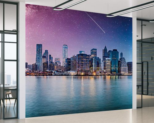 Blue Brooklyn Bridge and New York City Under Blue and Purple Night Sky Wallpaper Mural A10298800 for office