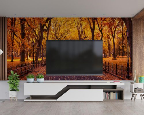 Orange and Yellow Autumn Trees Wallpaper Mural A10299300 behind TV