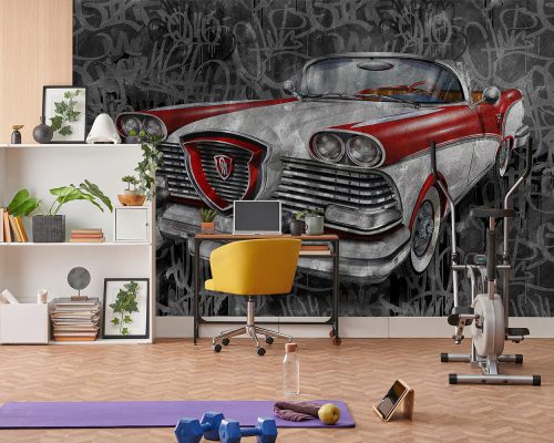 White and Red Edsel Classic Car in Gray Background Wallpaper Mural A11010300 for boy room