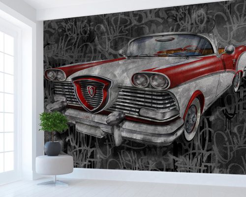 White and Red Edsel Classic Car in Gray Background Wallpaper Mural A11010300