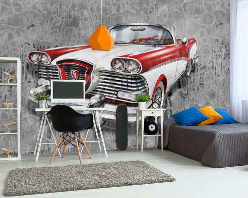 White and Red Edsel Classic Car in Soft Gray Background Wallpaper Mural A11010310 for boy room