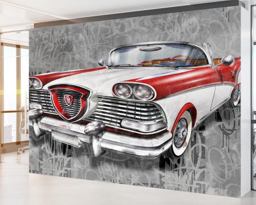White and Red Edsel Classic Car in Soft Gray Background Wallpaper Mural A11010310