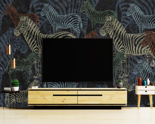 Colorful Zebras in Black Background Wallpaper Mural A11010510 behind tv