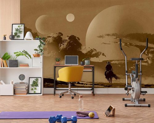 Planets and the Cowboy on Horse in Brown Wallpaper Mural A11014410 Boy room