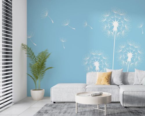 White Flat Dandelion in Blue Background Wallpaper Mural A11016100 for living room