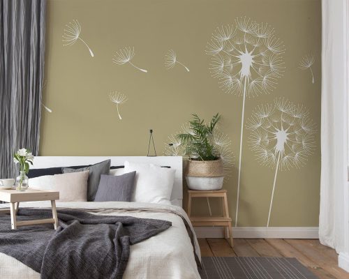 White Flat Dandelions in Cream Background Wallpaper Mural A11016120 for bedroom