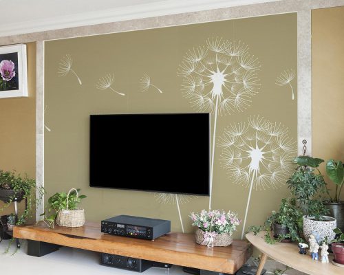 White Flat Dandelions in Cream Background Wallpaper Mural A11016120 behind TV