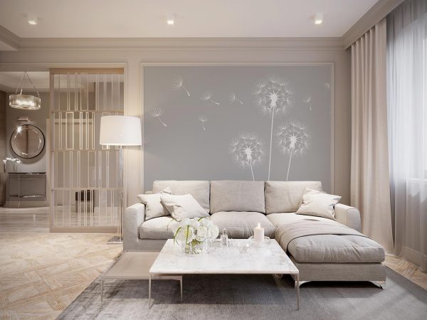 White Flat Dandelions in Soft Gray Background Wallpaper Mural A11016140 for living room