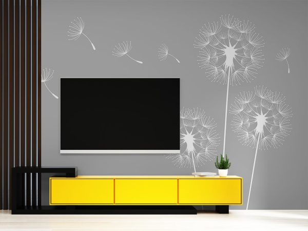 White Flat Dandelions in Soft Gray Background Wallpaper Mural A11016140 behind tv