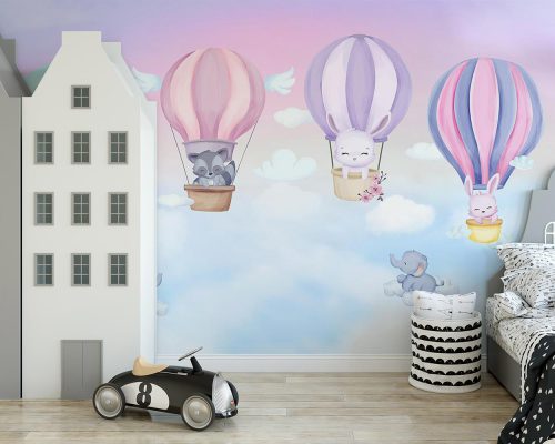 Cartoon Animals in Air Balloons in Blue Wallpaper Mural A11017800 for kids room