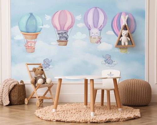 Cartoon Animals in Air Balloons in Blue Wallpaper Mural A11017820 for baby boy room