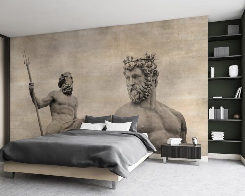 Sculpture of Greek Mythology Poseidon in Cream Patina Wallpaper Mural A11018010 in bedroom