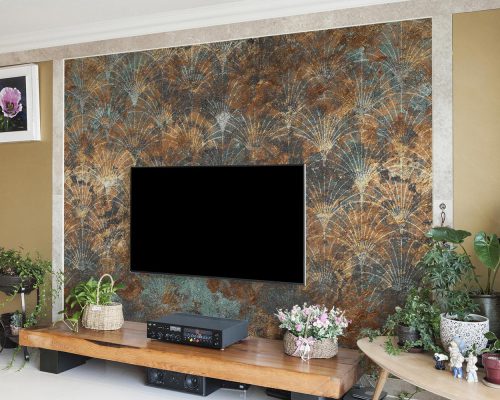 Patina Fan Pattern in Cyan and Gold Rusty Texture Wallpaper Mural A11018210 behind TV