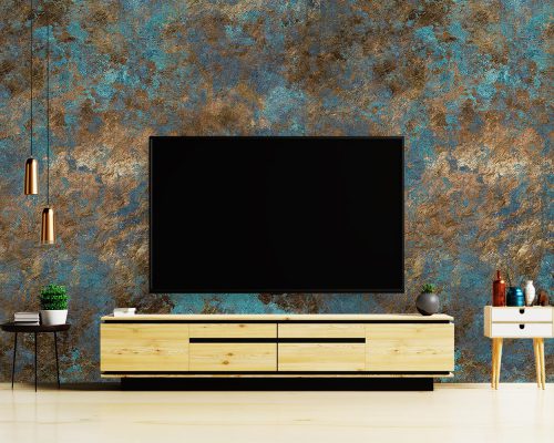 Rusted Gold Bronze and Cyan Patina Texture Wallpaper Mural A11018810 behind TV
