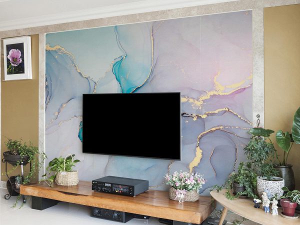 Blue Marble Swirl Wallpaper Mural A11020000 behind tv