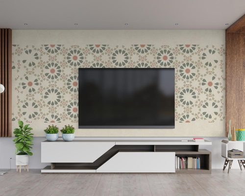Traditional Geometric Cream Wallpaper Mural A12016010 behind the TV