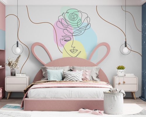 Line Art Abstract woman face Wallpaper Mural A12020110 for girls room