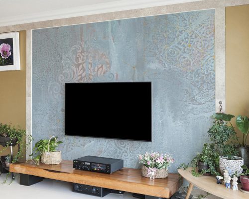 Soft Blue Damask Patina Wallpaper Mural A12210800 behind TV