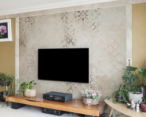 Cream Traditional Tiles and Patina Wallpaper Mural A12212100 behind TV