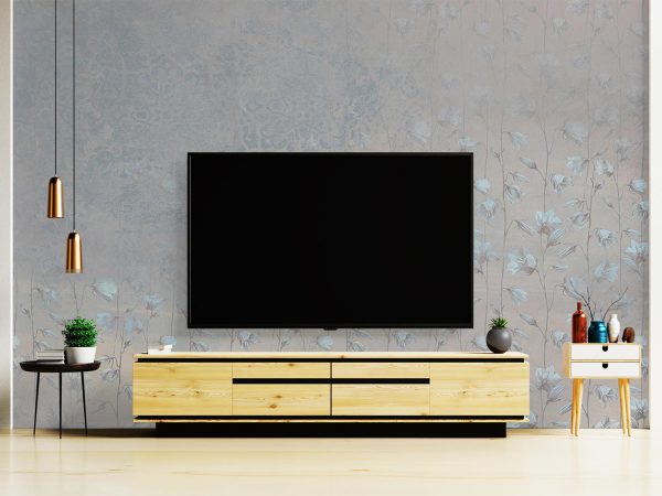 Cream and Soft Gray Floral Wallpaper Mural A12212400 behind TV