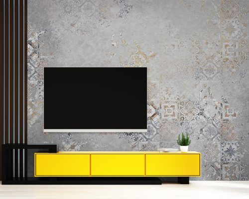 Gray Traditional Tiles Wallpaper Mural A12212500 behind TV