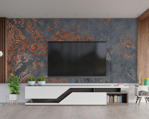 Brown Damask on Gray Background Wallpaper Mural A12212700 behind TV