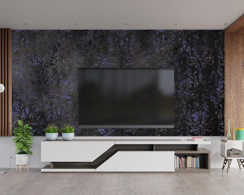 Black and Purple Damask Wallpaper Mural A12213900 behind TV