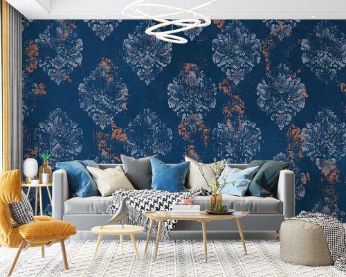 Navy Blue Damask Wallpaper Mural A12216900 for living room