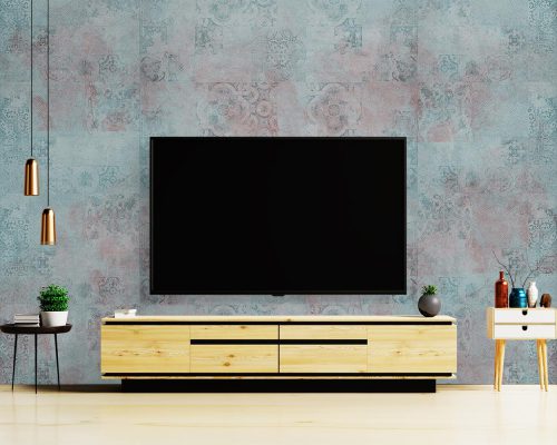 Cream and Blue Traditional Tiles Wallpaper Mural A13014600 behind TV