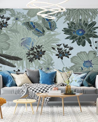 Gray Flowers and Butterfly Wallpaper Mural A10143100 for living room
