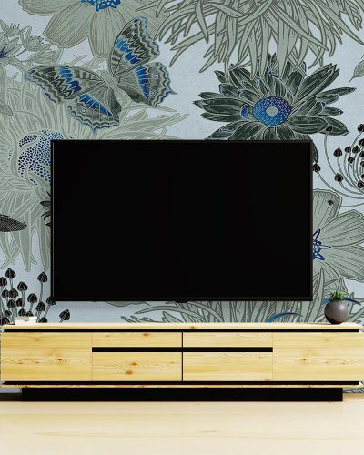 Gray Flowers and Butterfly Wallpaper Mural A10143100 behind TV