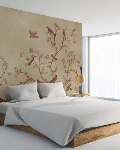 Birds and Pink Blossoms in Cream Background Wallpaper Mural A10152700 for bedroom