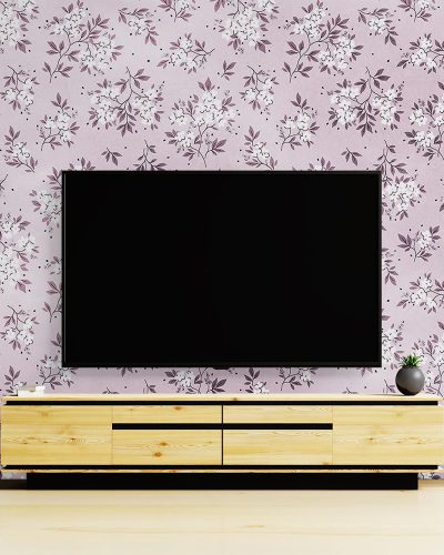 Lilac Floral Wallpaper Mural A10155900 behind TV